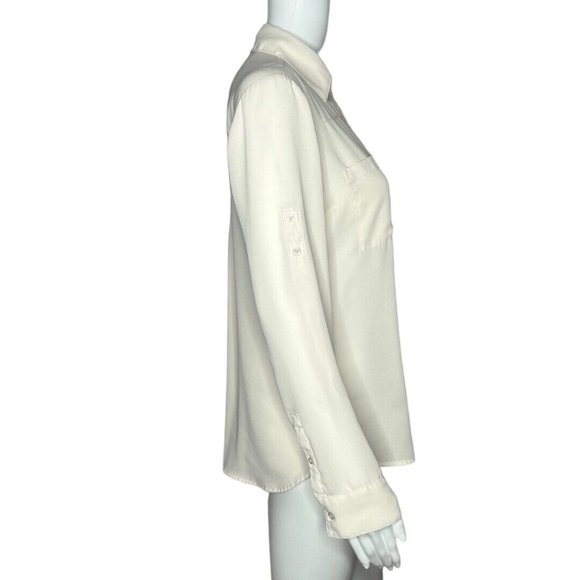 Express Portofino Shirt Womens Small Beige Chiffon‎ Long Sleeve Pockets Career - Picture 2 of 7